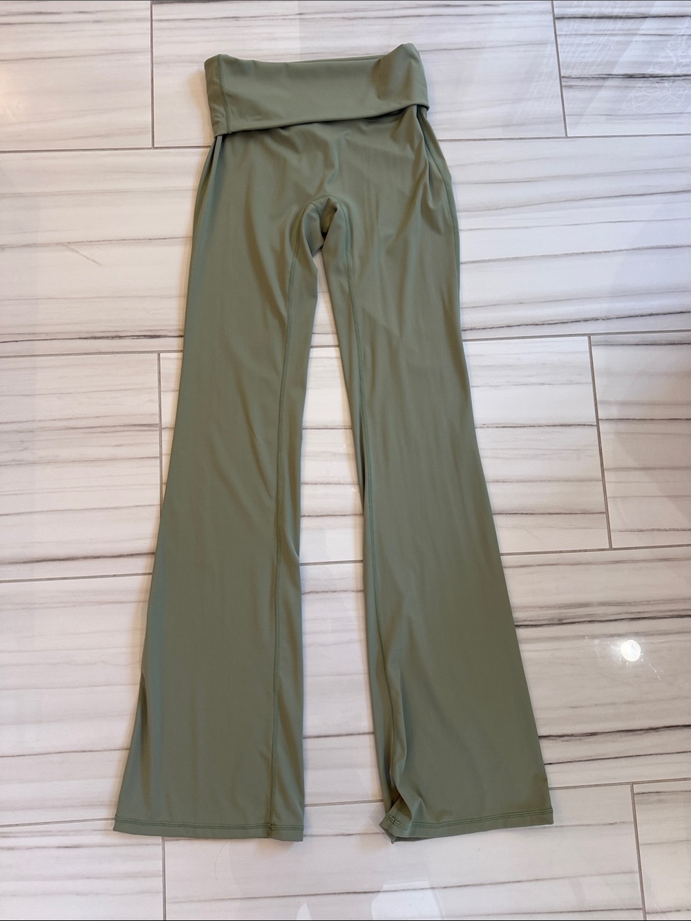 High-Rise Fold-Over Flare Pants in Olive Green